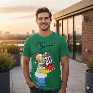 The Simpsons Homer Duff Beer Merry Christmas Green T Shirt‎ - Size 2XL